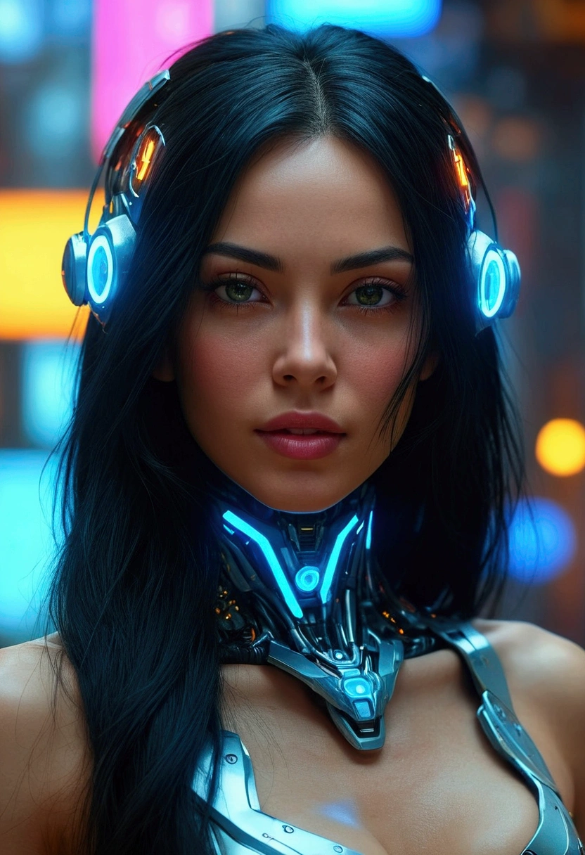 A beautiful woman with long black hair, (best quality,4k,8k,highres,masterpiece:1.2),ultra-detailed,(realistic,photorealistic,photo-realistic:1.37),HDR,UHD,studio lighting,ultra-fine painting,sharp focus,physically-based rendering,extreme detail description,professional,vivid colors,bokeh,cyborg,futuristic,colorful lights on face,neon lights,glowing cyborg,digital art,sci-fi,concept art