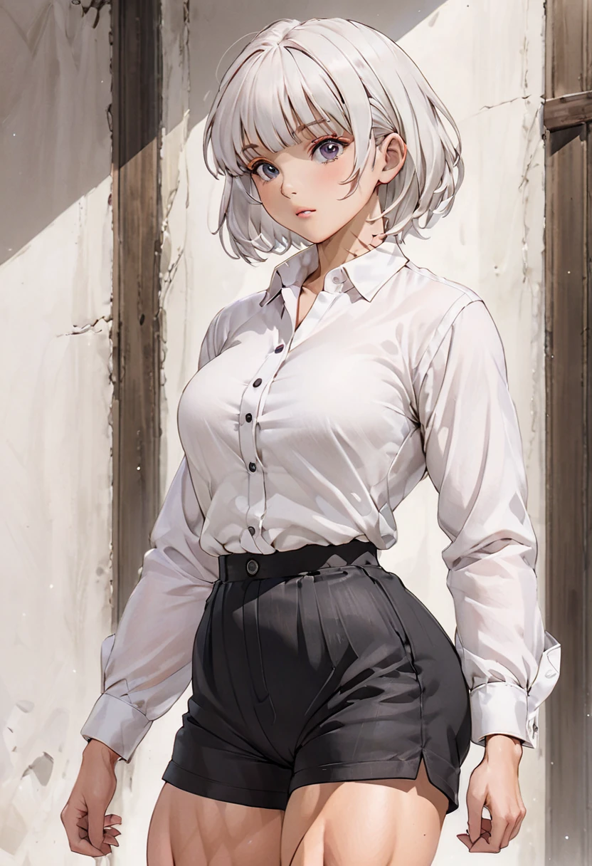 woman,  White hair,  short hair style with bangs ,  definite athletic physique,  wearing white button-down dress shirt, wearing tight black linen shorts ,  anime art 