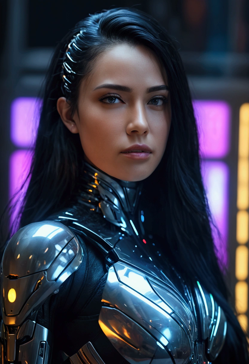 a female version of Goku wearing the clothes of the T-800 from Terminator, detailed face, beautiful detailed eyes, beautiful detailed lips, extremely detailed eyes and face, long eyelashes, muscular body, heroic pose, dynamic action, science fiction, t-800 terminator outfit, futuristic, cyberpunk, cinematic lighting, hyper realistic, 8k, best quality, ultra-detailed, photorealistic