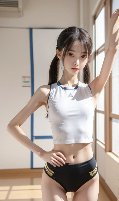 skinny,thin body,slim,slender,thin arms, cute teen rhythmic gymnast girl,twin tails,4k,8k,16k,masterpeace, in the school gymnasium