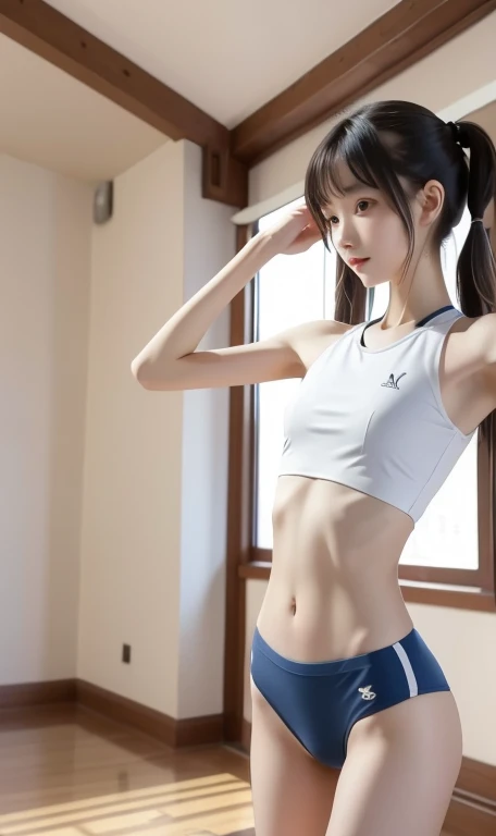 skinny,thin body,slim,slender,thin arms, cute teen rhythmic gymnast girl,twin tails,4k,8k,16k,masterpeace, in the school gymnasium