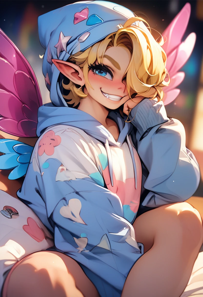 femboy, pretty boy, blonde, blond haired boy, gamer boy, sitting in bedroom, big hoodie, oversized peach hoodie, thick body, curvy body boy, smiling, blue eyes,Blonde Hair, Bangs, Hair Over One Eye, Pointy Ears, Masterpiece, High Resolution, HD, High Details, High Quality, Blush, pouting, pouty face, Blue eyes, Grin, Nose Blush, Anime Style, cupid wings on back