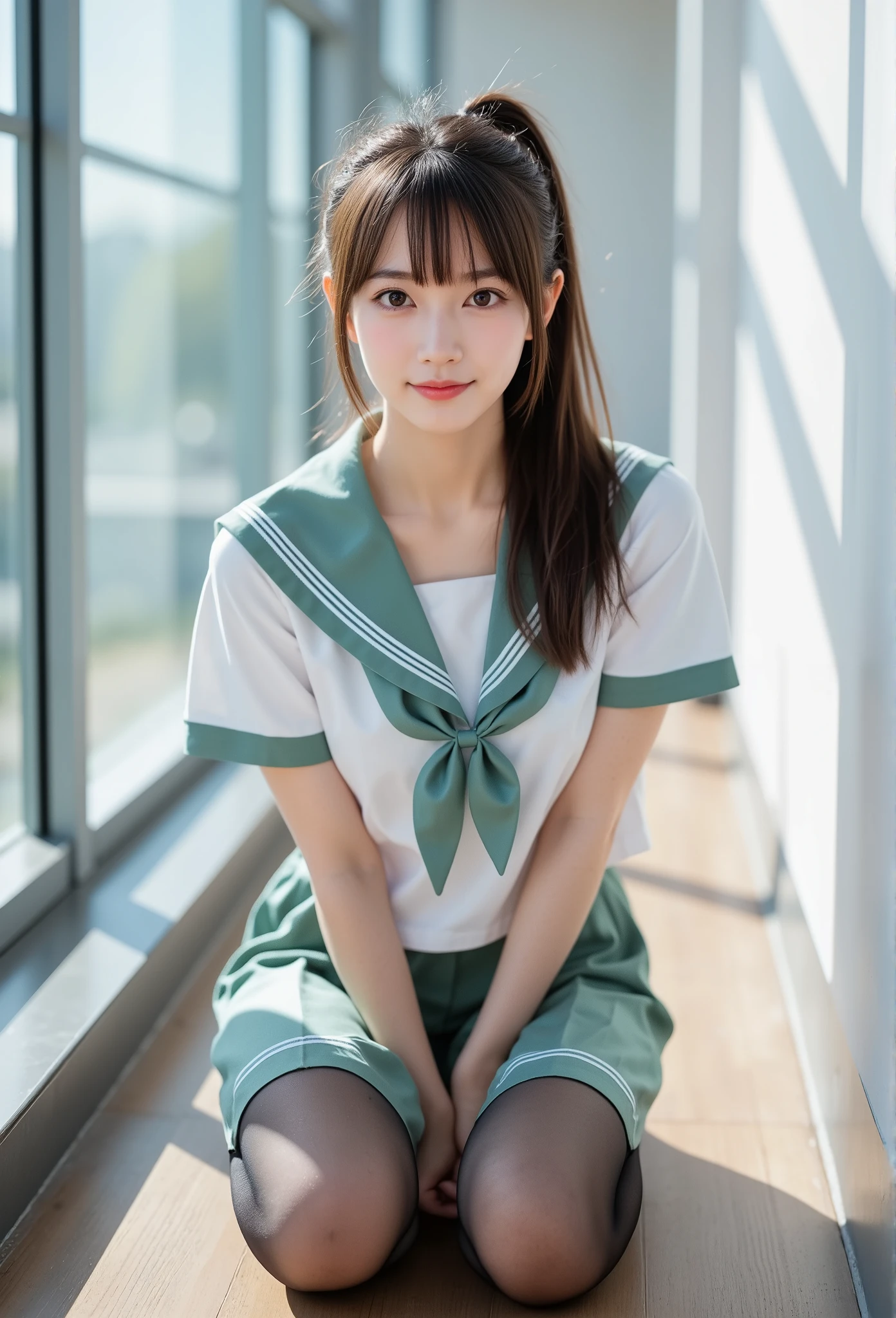 ( Highest Masterpiece:1.30, Surrender:1.5), ( RAW photo :1.5), Professional photography, ( High Definition Clear Focus :1.5), movie lights, (( full body shot :1.4)), break, (Ultra-detailed beautiful faces:1.10), ( super detailed beautiful slim body:1.9), 21 years old, ( super detailed beautiful Japanese beauty female idol :1.7), ( cute smile:1.3), The Woman in the Center of the Image , break, brown hair mixed with light purple , Outside of the day , Full body front, black sheer stockings ,
. cute girl with a Nogizaka face 、Full body front、 miniskirt, ( Skirt Flip:1.3), (from below:1.3), ( spandex stockings ), Extreme realism:1.21, break,
ponytail hair, she's wearing a uniform , traditional sailor uniform from a prestigious high school in Tokyo , light green uniform , short sleeve sailor suit :1.21, ライトレッドとイエローのプリーツ miniskirt , (( crouch down and spread their legs :1.5)) , software , panties visible, blouse is see-through,