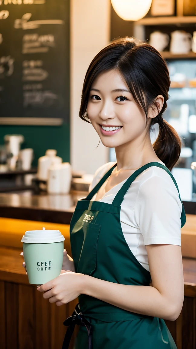 Japanese beautiful  woman, pony tail hair, dark green shirt, black apron, black tight skirt, clerk of the coffee shop,  b100, w60,  h110, realistic,  smiling, in the morning.