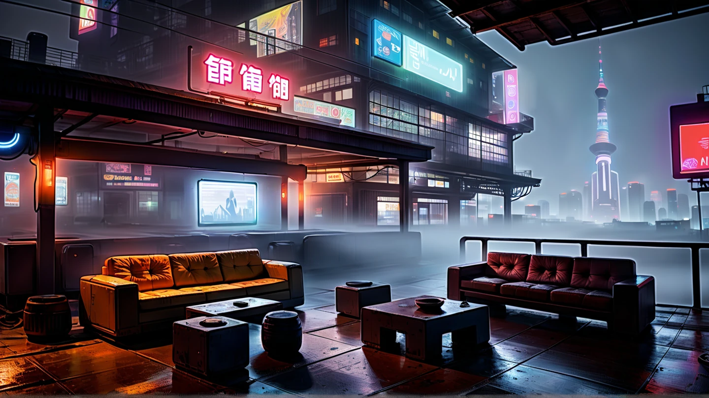  cyberpunk scene , ( super detailed), (((masterpiece))),  ((( realistic )),  masterpiece (最 High Quality ), ((photo realistic : 1.2)),( High Quality :1.4), ( high definition :1.3), ( very detailed :1.28),  CINEMATIC LIGHTING , masterpiece,  perfect anatomy,  A little expensive , dark,  An old veranda with a long roof looking through the fog 、 cyberpunk vibe ,  night cityscape illuminated by neon lights . Rusty ,  The industrial structure has damp wooden floors .   The well-worn sofa with cushions creates a cozy atmosphere in the dark . internal,  control panel with fuzzy screens and old posters lining the wall . From the veranda 、 I can see blurry buildings and subtle neon lights I can see the skyline in the fog . 雰囲気はdarkです,  isolated , and、Gritty,   warm candlelight and a cool  , Distant city lights,  A little expensive  -- aspect 16:9