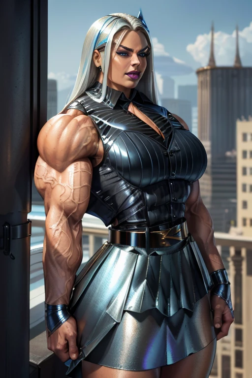 ((((Massive, beautiful, buff, light brown skinned, muscular woman with white hair, black lipstick, ginormous bulky muscles and wearing a cropped strapless black leather top and black leather pencil skirt)))), (close view), leather pants, massive muscles, massive biceps, hyper muscle triceps, (long straight hair), leather pencil skirt, blue eyes, wristband, chained belts, high heels boots, top of a dark skyscraper, night, smug smile, hyper muscles arms, hyper muscle legs, massive arms.