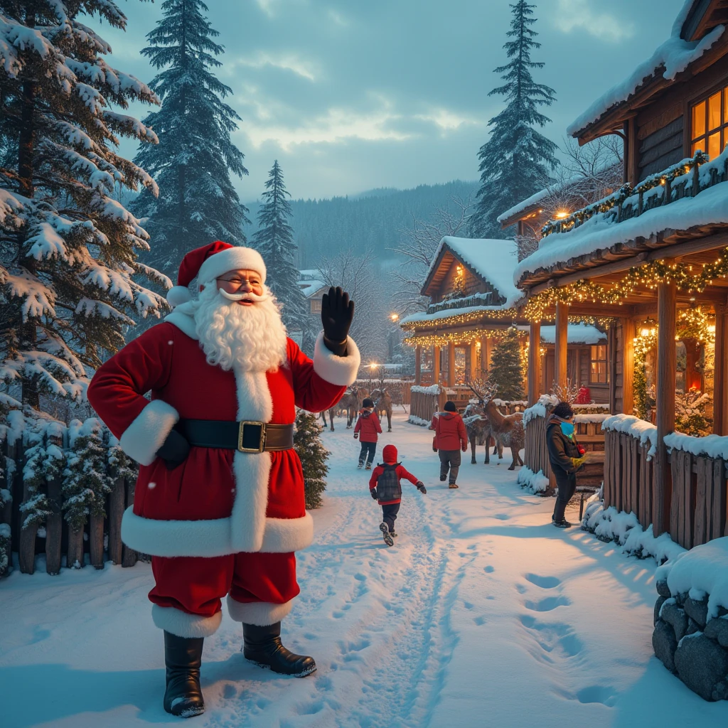 A Santa Claus village with snowy landscape, Christmas trees, presents, reindeer, cozy wooden cottages, warm fireplace, happy ren playing in the snow, Santa Claus in a red suit with a long white beard, smiling and waving, detailed festive decorations, vibrant colors, photorealistic, 8k, cinematic lighting, magical winter atmosphere