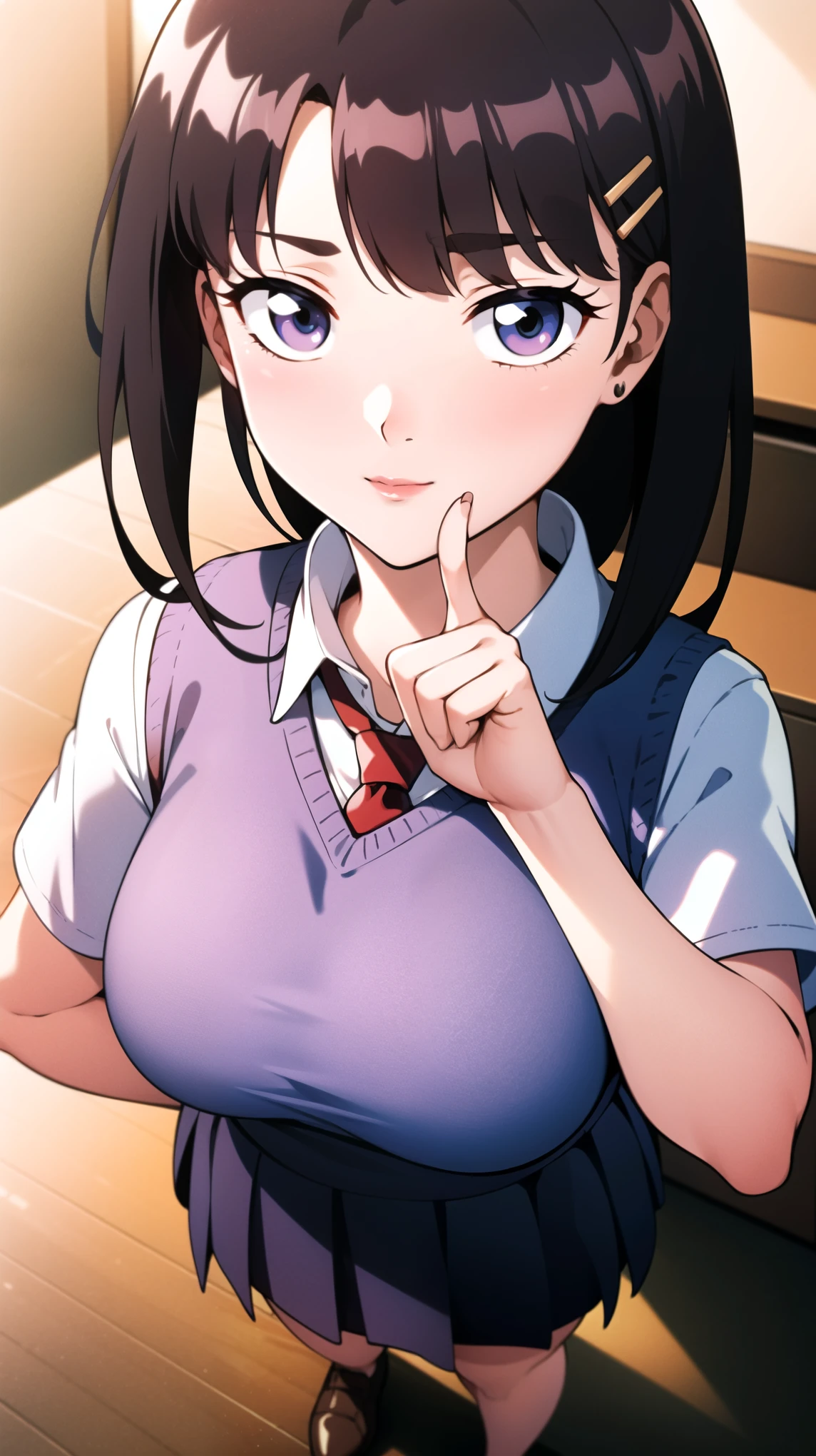 full body, school uniform, red tie, white shirt, blue sweater vest, pleated skirt, hair clip, hair ornament, red eyes, red lips, bangs, black hair, long hair,1 girl, 18yo, young female, slim body, curvy body, beautiful finger, Beautiful long legs, Beautiful body, Beautiful Nose, Beautiful character design, perfect eyes, perfect face, expressive eyes, perfect balance, looking at viewer,(Focus on her face),closed mouth, (innocent big eyes:1.0),(Light Smile:0.3),official art, extremely detailed CG unity 8k wallpaper, perfect lighting, Colorful, Bright Front face Lighting, White skin,(masterpiece:1.0),(best quality:1.0), ultra high res,4K,ultra-detailed,photography, 8K, HDR, high-res, absurdres:1.2, Kodak portra 400, film grain, blurry background, bokeh:1.2, lens flare, (vibrant color:1.2),professional photograph,(Beautiful, big breasts), (beautiful face:1.5),(narrow waist),