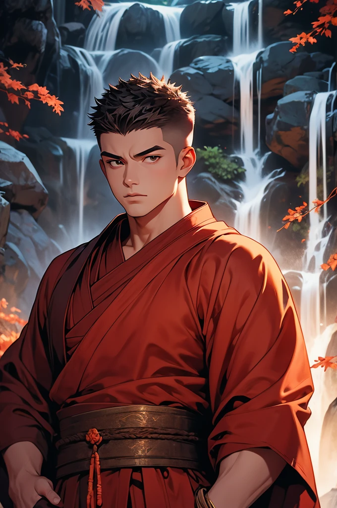 [4k, ultra detailed image, character in 32k, beautiful features] Buddhist monk, short rusty hair, serene face, muscular and powerful body, meditation, waterfall background, [character seen from the front, staring fixedly at the viewer, [[[ face with many scars]]], image focused on the character's face]