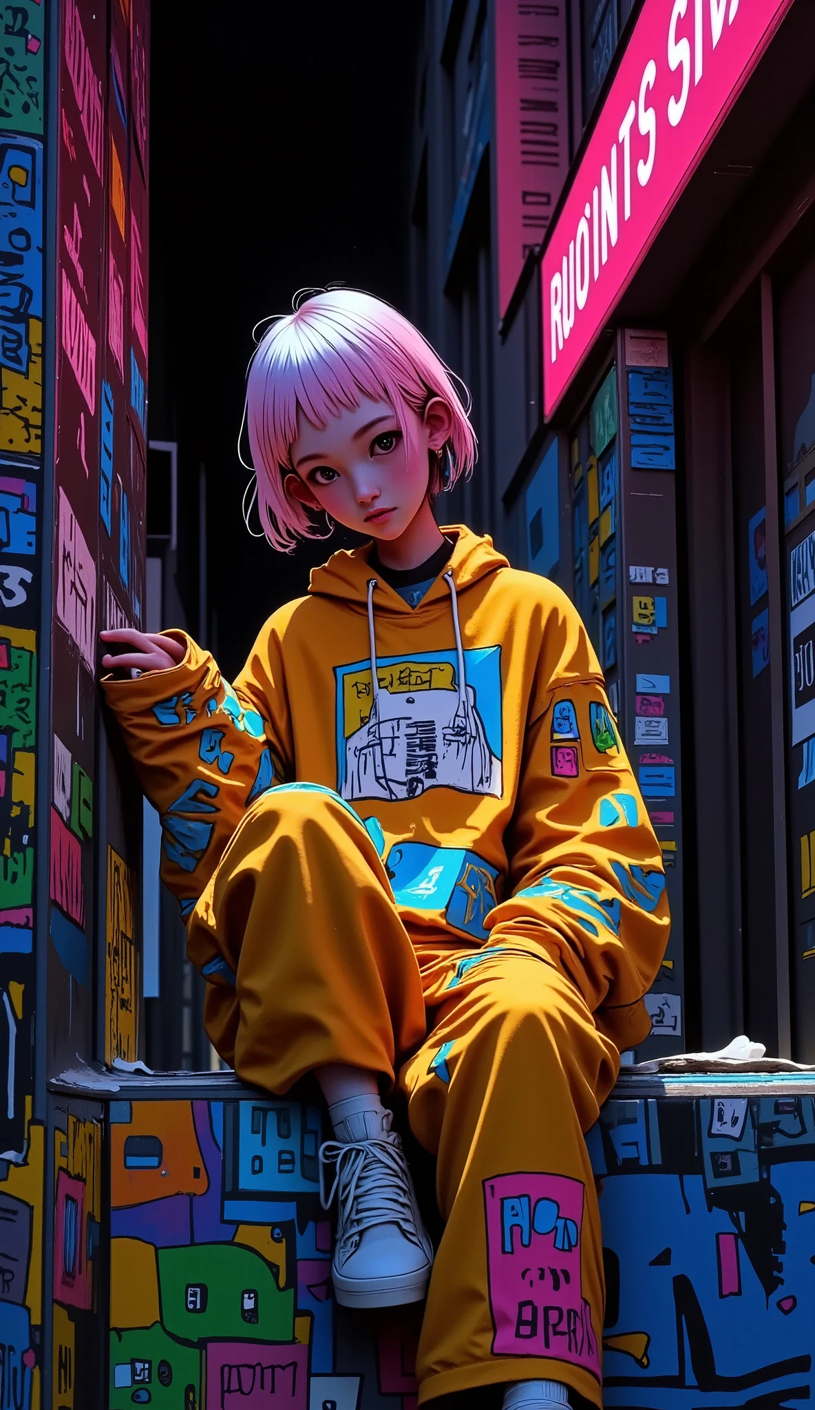 completely black background, thumbnail image, mini robot,  anime style ., Dressed in light colored hip hop clothing., sitting on a wall with graffiti with his legs crossed, with beautiful cyan eyes, Cyan neon lights , abstract image, U High definition ,  masterpiece , Retina,  Precise,  Anatomically correct , old school,  super detail ,  tall details,  HIGH QUALITY, Winner Award ,  best quality , highres, 1080P,  High definition , 16K