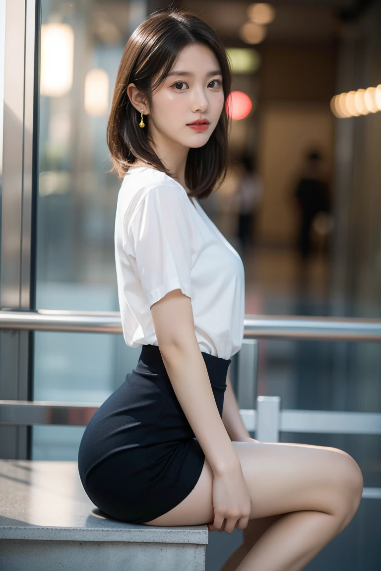 A youthful & stunning Japanese office lady, high-quality detailed portrait, 1girl, short bob hairstyle, beautiful  eyes, fair skin, cute sexy expression, confident professional pose, hourglass figure, ample round bosom, form-fitting navy blue pencil skirt, silk white shirt button-down,  gold earrings, sitting with legs crossed, from side, from behind, from side,

modern office interior, city skyline, warm soft evening lighting, minimalistic jewelry, light makeup, natural smile, small light brown moles,

(best quality, 4K, 8K, high-resolution, masterpiece:1.2), 
(realistic, photorealistic, photo-realistic:1.37), ultra-detailed, HDR, UHD, studio lighting,
ultra-fine painting, sharp focus,
physically-based rendering, extreme detail description, professional, vivid colors, bokeh, portraits, photography,
cinematic movie light effect, panoramic view,
SFW, SAFE FOR WORK,