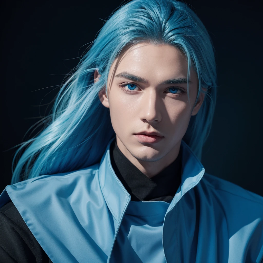 Boy with light skin and white hair, His hair is messy with some long strands in front., His eyes are blue like crystals and he wears black clothes.
