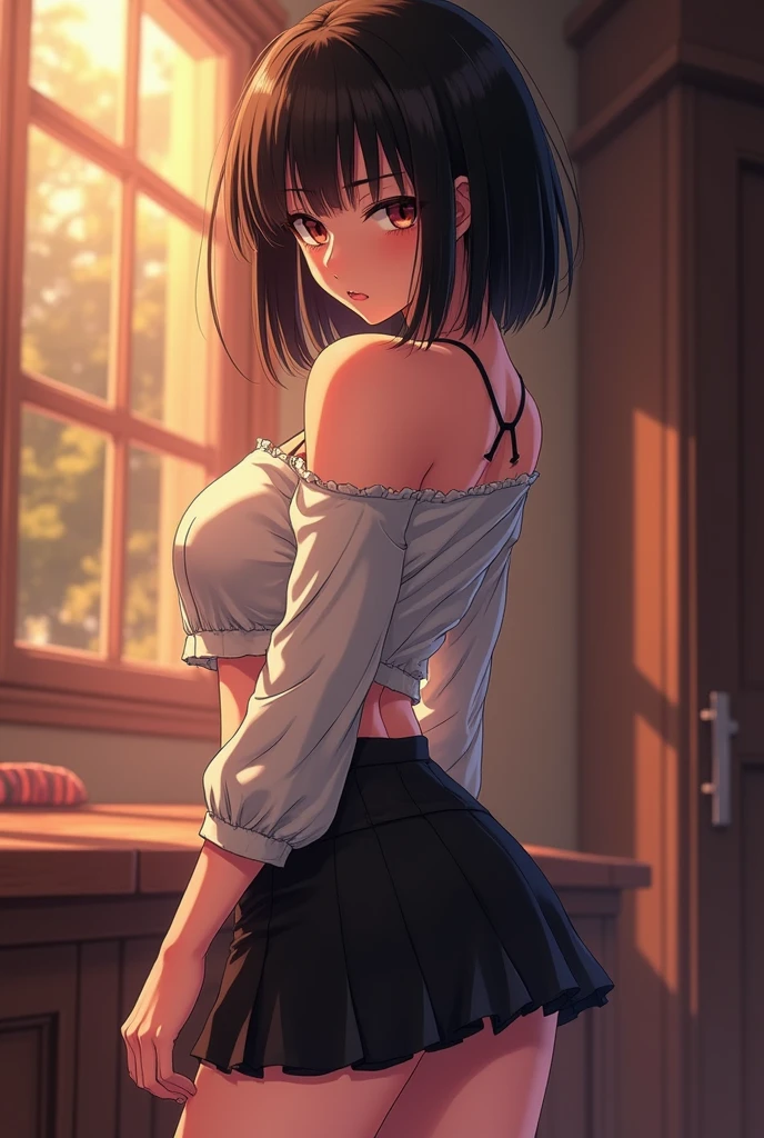 A beautiful (9yo young girl:1.3) in sexy a tight designer mini skirt, shoulderless designer shirt, tight, furious expression, black bob haircut, beautiful background, extremely detailed, anime, high quality, 8k, vivid colors, dramatic lighting, masterpiece, beautiful body, sexy, erotic scene, undressed, seducing beautiful look