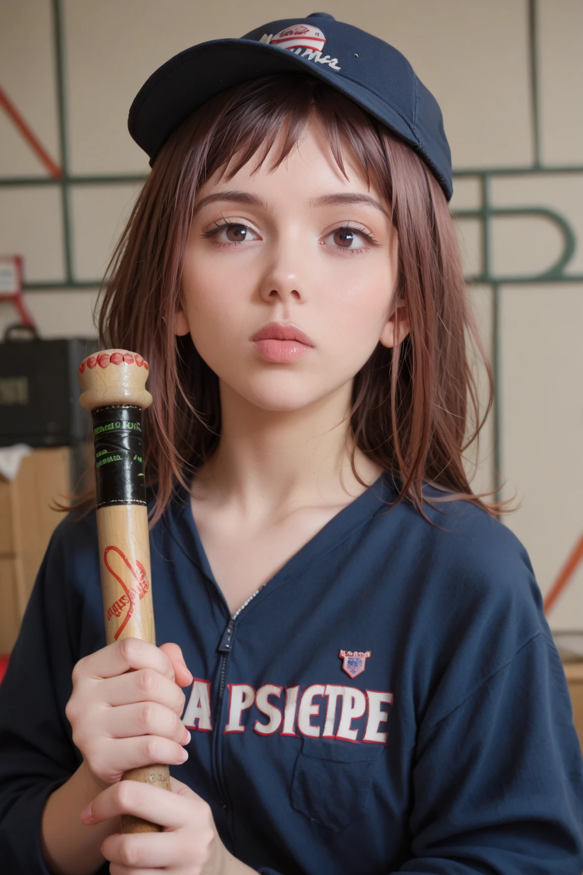 score_9, score_8_up, score_7_up, best quality, masterpiece, realism, photorealism, Mamimi_Samejima, baseball bat