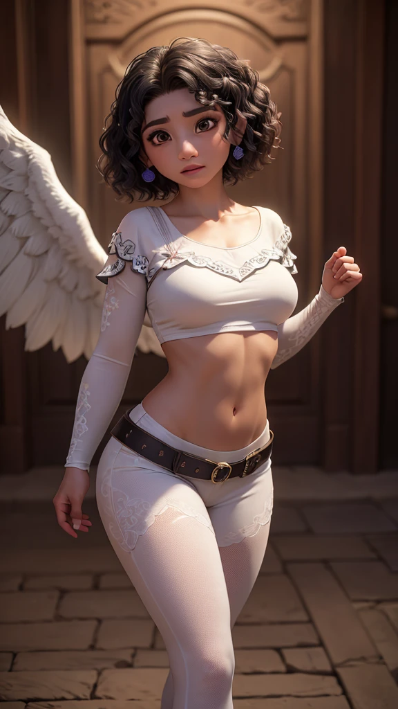 Mirabel madrigal. Busty. Encanto. A confident, angelic girl with a glowing heart-shaped halo behind her. Mirabel madrigal is wearing wears a white Renaissance-inspired outfit: a cropped top with puffed shoulders, a sleek skirt connected to thigh belts, and matching leggings. Her large, radiant wings spread wide behind her. Her expression is smug and self-assured, exuding power and grace. The background shimmers with ethereal light, emphasizing her divine presence. Accurate. High Resolution. Detail. Textured Skin.