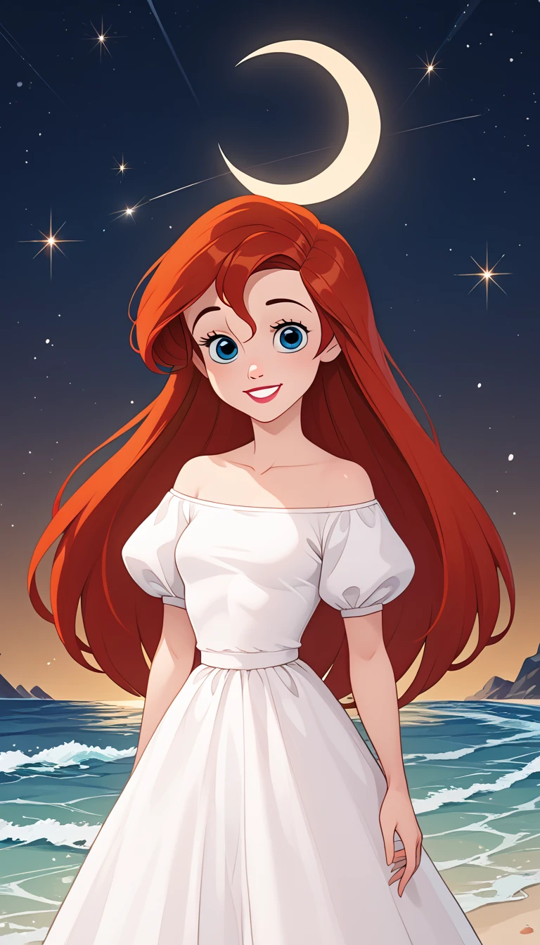 score_9, score_8_up, score_7_up, DisneyAriel, 1girl, red hair, blue eyes, long hair, looking at viewer, wearing a white off the shoulders ruffle maxi dress, short sleeve, standing on the beach, waves gently lapping at the shore, night skies with shooting stars with blue and purple hues with sparkling stars, relaxed and contemplative atmosphere, upper body, smile, arms at side, a crescent moon