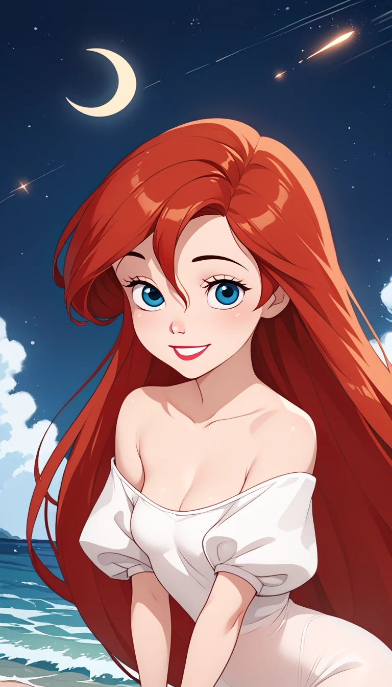 score_9, score_8_up, score_7_up, DisneyAriel, 1girl, red hair, blue eyes, long hair, looking at viewer, wearing a white off the shoulders ruffle maxi dress, short sleeve, standing on the beach, waves gently lapping at the shore, night skies with shooting stars with blue and purple hues with sparkling stars, relaxed and contemplative atmosphere, upper body, smile, arms at side, a crescent moon