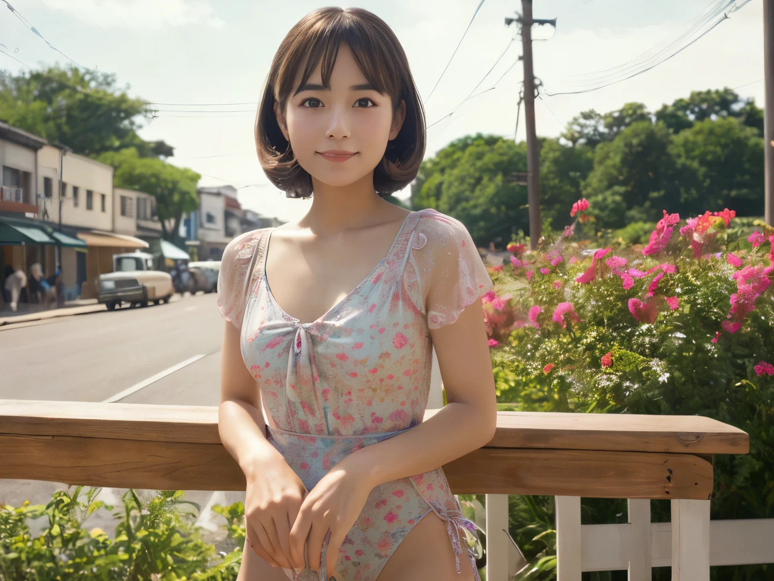 Shopping Street、Public place、、(Messy fluffy pixie cut:1.2)、8K、RAW Photosgraphy,Cinema Lighting,最high quality、high quality、Extremely detailed photos、Eye for detail、Super detailed face、Ultra-detailed hair、Ultra-detailed body、(photography lighting:1.3)、One Girl、The face is about 25 years old.、Puffy eyes、Eyes in good condition。Brown eyes、Dark brown short hair、Good lips,Natural Makeup、RAW Photos, 最high quality, Tabletop, Ultra-detailed, Ultra-high resolution, Realistic, (Pastel colored floral sundress:1.2)、(Fabric with attention to detail:1.3), Chin, (Slanted Eyes), (Windsor Glass:1.3), (Crooked teeth:1.2), Laugh out loud,(Cleavage:1.3),(Very good,Covered nipples:1.4),(Mid Shot:1.3),