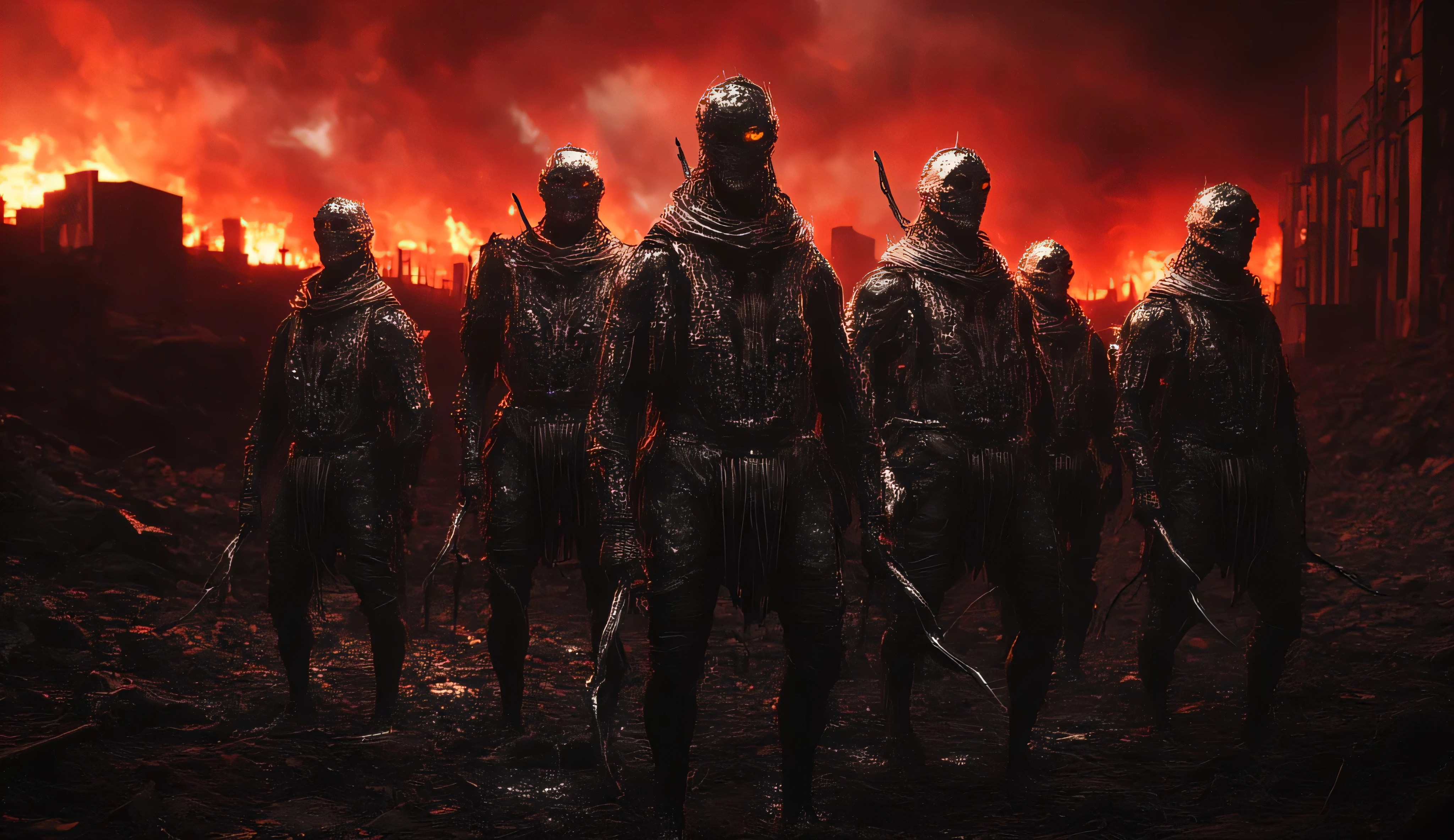 The brutal soldiers of the First World War of the blood cult. They are dressed in dirty black dirty creepy uniforms. on their faces are iron masks in the shape of a skull, covering the lower half of the face. They have pipes, cleavers, knives and chains in their hands. A crimson sunset, scarlet clouds in a black sky. The fire is burning. the ruins of the city. portals to hell