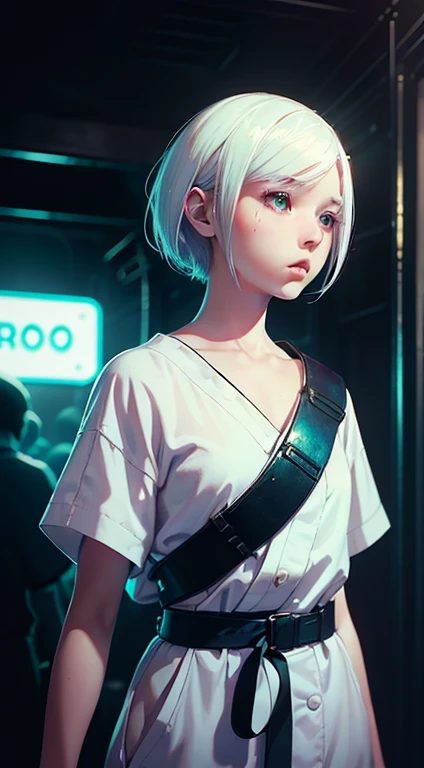  A boyish girl with white skin and clipped hair ,  photographed by Oiro Studio and Masaki Komori,  high details, Neon,  cinematic lighting,  matte paint ,  illustrated in the style of oil painting ,  directions on artstation , Contemporary art ,  A surreal and dreamy atmosphere .