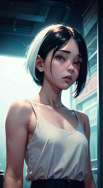  A boyish girl with white skin and clipped hair ,  photographed by Oiro Studio and Masaki Komori,  high details, Neon,  cinematic lighting,  matte paint ,  illustrated in the style of oil painting ,  directions on artstation , Contemporary art ,  A surreal and dreamy atmosphere .