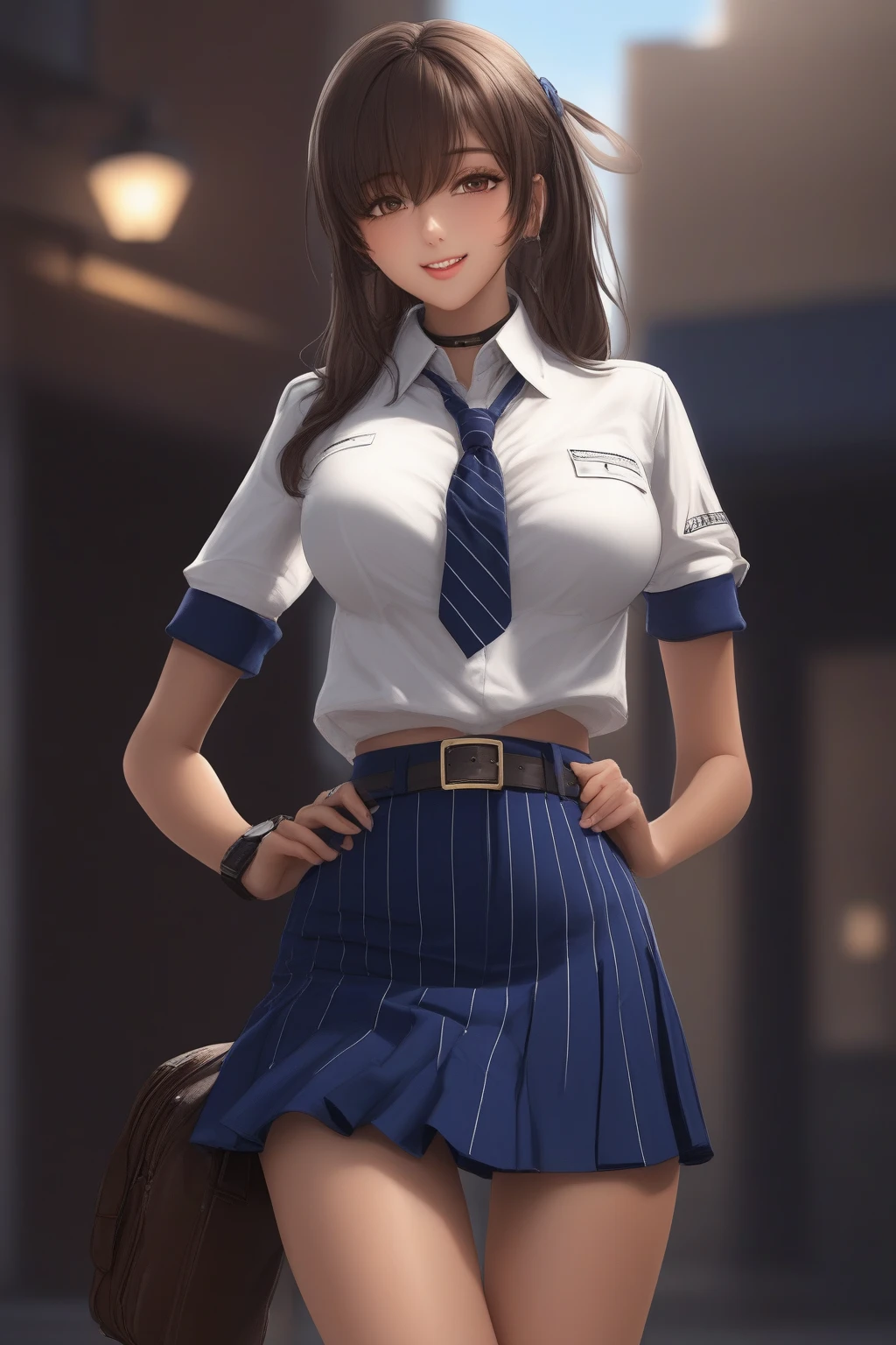 (masterpiece, best quality:1.2), hair over one eye, long hair, tan, brown hair, hair ornament, hairclip, yellow eyes, black choker, dark-skinned female, hair clip, one side up, school uniform, loose necktie, blue necktie, collared shirt, white shirt, short sleeves, wrist scrunchie, wristwatch, midriff, pleated skirt, blue skirt, thigh strap, large breasts

portrait, full body, shoulder, hips, waist, thighs, wave to viewer, smile,

anime screencap, high quality anime 2d color, 2d, Accurate describe shapes, beautiful face, expressive eyes, (plain anime style), natural lighting, light particles, cinematic angle, (masterpiece), (best quality), (ultra-detailed), very aesthetic, illustration, perfect composition, intricate details, (realistic)

moody lighting, light rays, depth of field, cowboy shot, cinematic angle, establish , rating:sensitive



