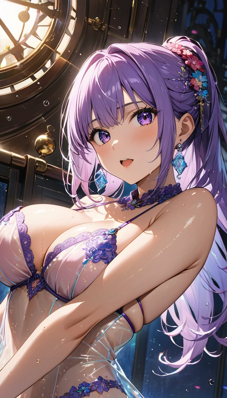 sweat、 wet 、wetskin.saliva、a sideponytail hair. christmas color holographic micro bikini、 short hair 、 steampunk. face、(( Big Breasts :1.3)))    gradient bright purple hair   、（  Composition from below the work  :1.6） ,   A woman with a nasty expression   ,  Soft white   , faceを強調する構成.  、（  Heart pupil:1.3）、（  Dynamic Pose  :1.7）、   、  Floral Hair Accessories  、 delicate depiction of big eyes   、  shiny hair texture、(  Premium Masterpiece :1.4), (  young woman , Age 19, Alone,  wet skin、 クールな笑face,    open your mouth ,    perfect eyes:1.1), (   Aim carefully   ,    small round pink earrings  ,   Sheer Embroidered Lingerie   .barefoot,  natural light, ( mature), Particles of light,      visible through the hair 