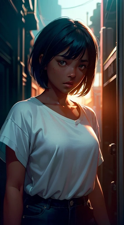 A boyish girl with brown skin and cut hair,  photographed by Oiro Studio and Masaki Komori,  high details, Neon,  cinematic lighting,  matte paint ,  illustrated in the style of oil painting ,  directions on artstation , Contemporary art ,  A surreal and dreamy atmosphere .