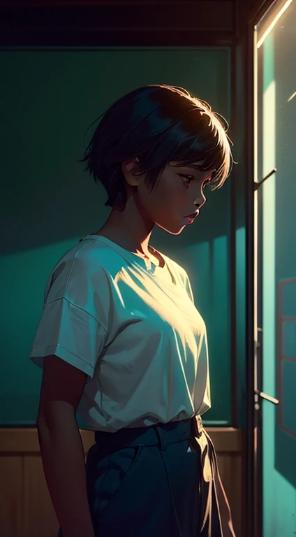 A boyish girl with brown skin and cut hair,  photographed by Oiro Studio and Masaki Komori,  high details, Neon,  cinematic lighting,  matte paint ,  illustrated in the style of oil painting ,  directions on artstation , Contemporary art ,  A surreal and dreamy atmosphere .