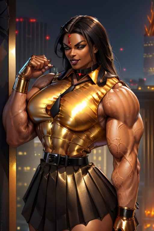 ((((Massive, tall, beautiful, buff, brown skinned muscular woman with black hair, black lipstick, ginormous bulky muscles and wearing a black sailor moon costume and skirt)))), (close view), massive muscles, massive biceps, hyper muscle triceps, very dark skin, (long straight hair), orange eyes, black lipstick, black tiara, sailor moon boots, holding a scythe, fire, in space, Black hole, night time, smirk, hyper muscles arms, hyper muscle legs, ((massive arms)).