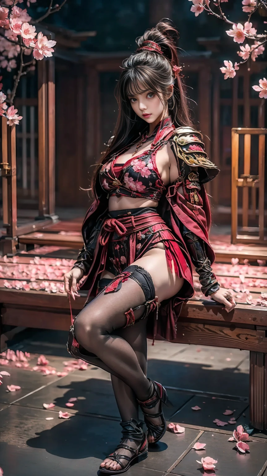   sexy female character ,  that is Warrior from the Sengoku period is dressed up  、(( tight body ))、  tight body 、  a sexy female figure dressed as a warrior from the Sengoku period  、  The sakura armor with a cherry blossom pattern ,  engraved on it ,  is of the bikini type and is designed ,  that accentuates the chest 、  wears a pink cape  、  super mini skirts  、 A shin pad with engraved cherry blossom leaves 、 red high legwear 、 sakura stockings  、 Absolute domain 、(Full body)、((  sits flat on the ground with legs bent backwards ))、  look at the camera、  strong yet elegant atmosphere  、 She holds a sword with sharp eyes  、  front、  that is still ready ,  to take on the battle  、 The background is a battlefield with cherry blossoms scattered all over 、  she has plump breasts and plump thighs  、  super high resolution and realistic touch  、  shiny armor and fabric texture  、  shows dynamic Poses in every detail  、