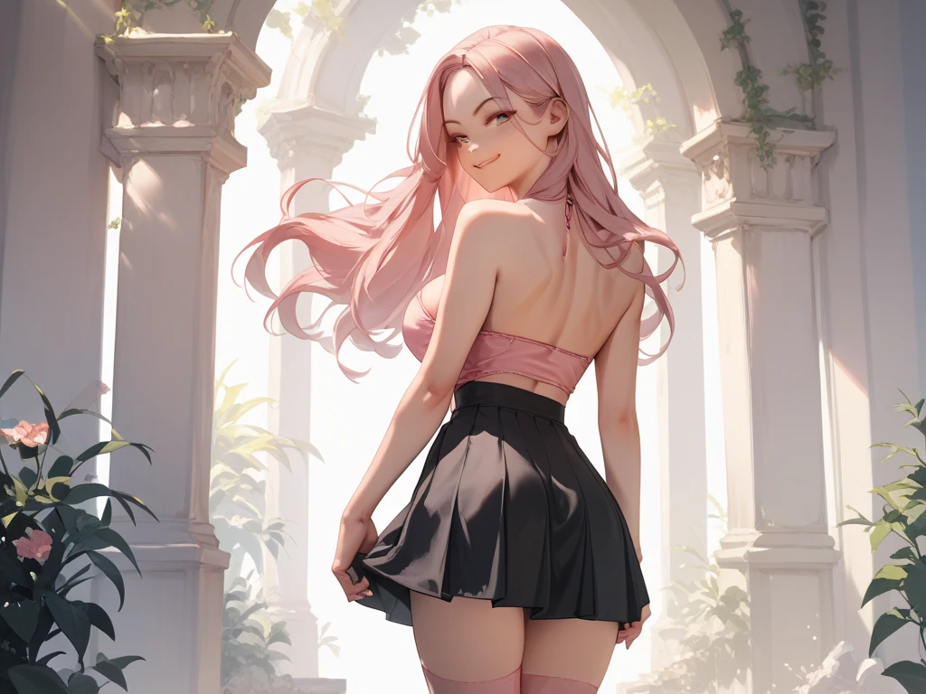 小さなgirl、The arrival of spring、hip shot、thick thighs、thick thighs、 big ass、chest is small、(alone:1.5,)Super detailed,bright colors, very beautiful detailed anime face and eyes, back view、 shiny_skin,girl, ((Purple long hair,Inner color is red 、forehead is exposed.、green eyes、、shiny hair, delicate beautiful face, blush、(turquoise eyes), White skin, Valletta, earrings,、blue flower field、(((Floral pink、See-through、turtleneck clothing、tight、white tight skirt)))、twin tails、smile、happy face、face dyed red