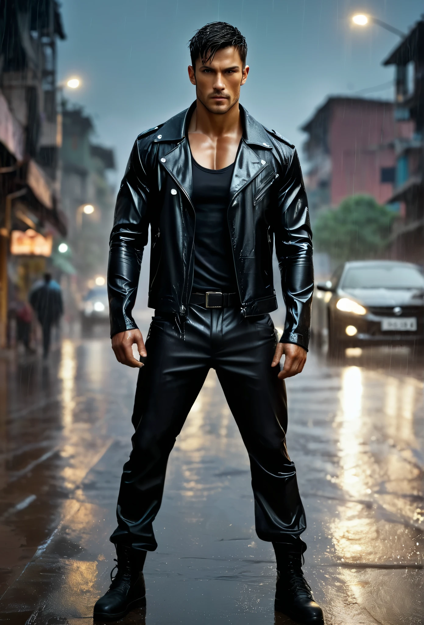 acting（（（martial arts superstar））,black pants, realist:1.3,( fotorrealist, 8K, original photo, high quality, masterpiece, epic lights. close up, center image), (prospect),((1 Handsome guy with confident and well-proportioned muscles, post apocalyptic, Guerrero, Rostro y cuerpo perfectamente detallados, (prospect), rain scene, Poor lighting due to rain,(( My face and body were soaked by the rain:1.5)),lightning lighting, dynamic poses, beautiful fine hair, Leather jacket)),  ((imaginative scenes)),((perfect, meticulously.:1.3)), ((panoramic: 1.4)), ((best quality )), ((masterpiece)), 3d, (Super detailed: 1.3), ((epic scenery: 1.3)), ((night background: 1.3 ))), (((night:1.2))), ( lifelike: 1.4), ((Front camera)),( (Low-light night cinematic lighting: 1.2)). 32