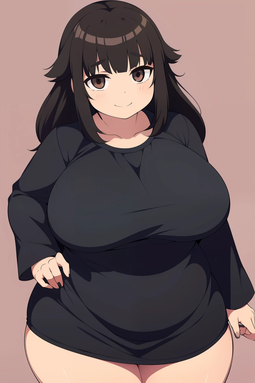 Chubby girl with big breasts black hair brown eyes happy long messy hair smiling Jinako Carigiri short black dress long sleeve