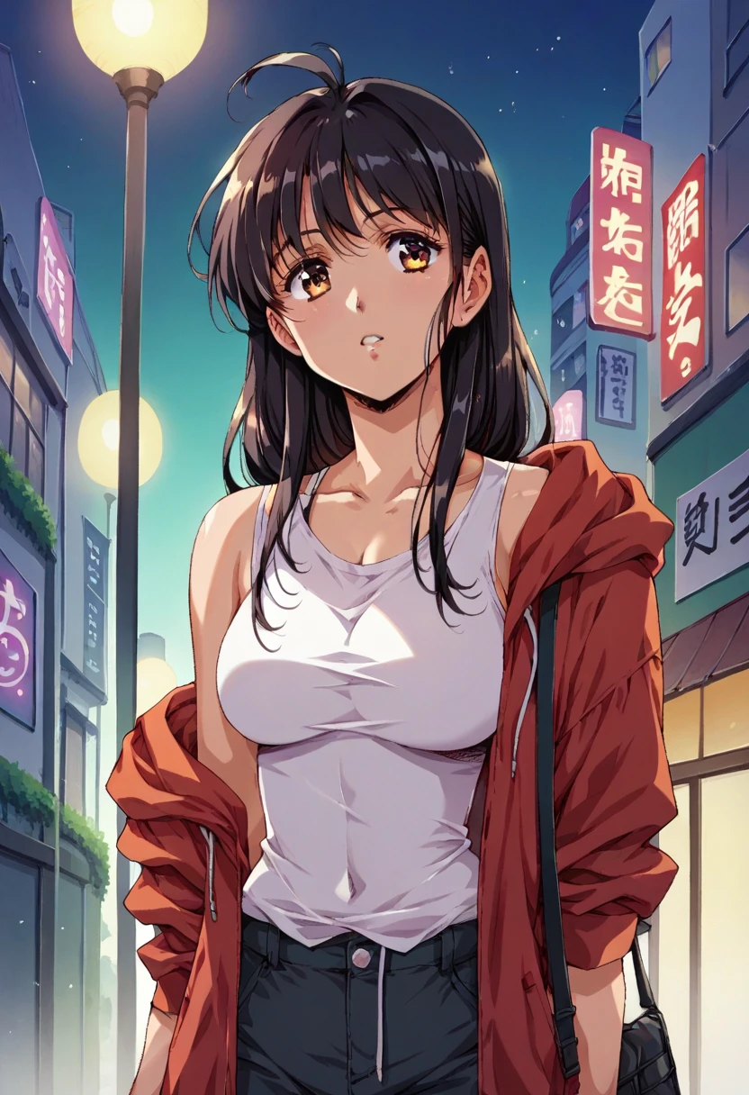  dark-haired woman looking out at the city of Tokyo,Starry night sky,Streetscape、listen to music、 Japanese 　 black hair　Woman with dark hair looking at the skyscraper city in the valley 　、 tank top in front of urinal、 hoodie