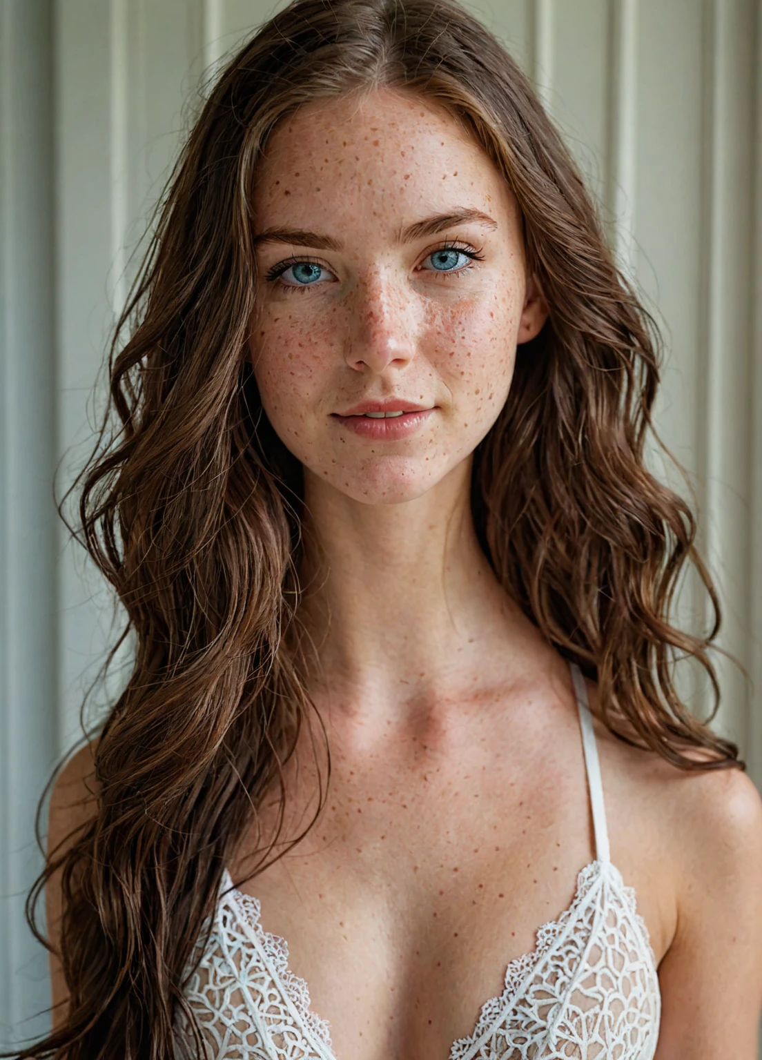 1girl , blue_eyes, breasts, cleavage, crop_top, fishnets,  hand_in_hair, lips, long_hair, looking_at_viewer, , medium_breasts, nose, photo_\(medium\), photorealistic, realistic, solo, underwear, upper_body, (covered in freckles:1.1), blurry photo, amateur, shot on iphone
 a young woman with long, wavy brown hair is captured in a moment of casual elegance. She is adorned in a delicate white lace bralette that adds a touch of sophistication to her attire. Her right hand is gently placed on her head, suggesting a moment of contemplation or perhaps a playful gesture. Her gaze is directed towards the camera, engaging the viewer with a subtle smile that adds warmth to the scene. The backdrop is a simple, uncluttered room with a white door, allowing the focus to remain on her. The overall composition of the image exudes a sense of relaxed beauty and youthful charm. badquality, low quality, pale skin, over exposed, white door in background, bright lighting, short, 112 lbs, smile, beautiful eyes