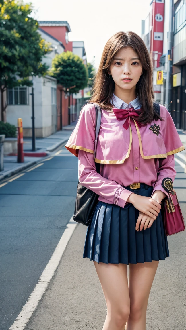 a beautiful 18 year old Japanese high school girl with perfect anatomy, healthy thighs, beautiful legs, beautiful skin, random hair color and style, large breasts, (wearing a Japanese schoolgirl uniform:1.3), (she is standing:1.2), penny loafers, holding a student bag, full body shot, standing on a city street, (best quality,4k,8k,highres,masterpiece:1.3),(extremely detailed:1.2),photorealistic,ultra-detailed,vivid colors, studio lighting, professional