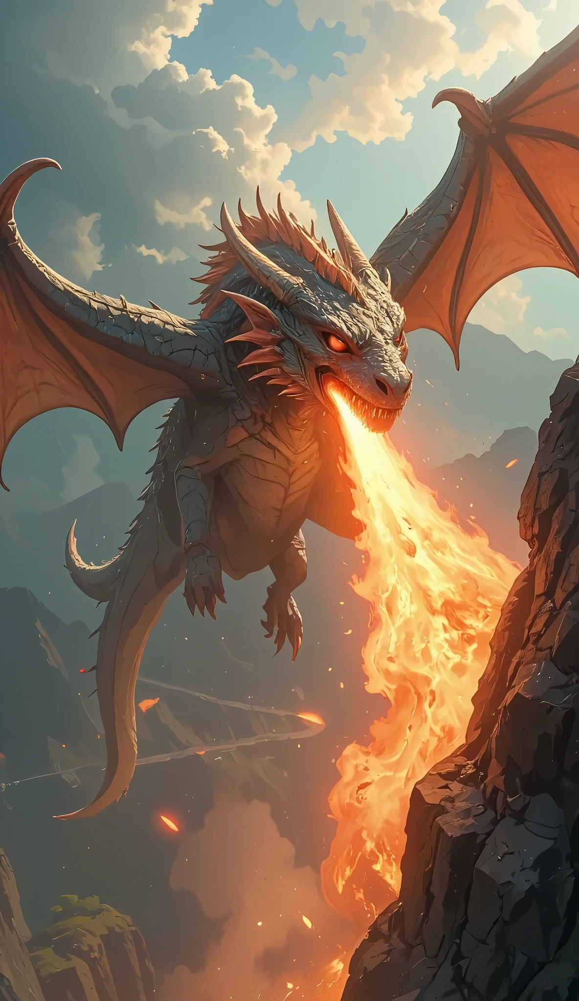 dungeons & dragons:1.5,((ultra wide angle x0.5:1.5)),( Dragon that releases flames from its mouth.., [[cliff, Flight:1.5), ((Imaginative scene)), ((  very detailed: 1.4)9, (( masterpiece )), (Hyper detailed and beautiful: 1.3), ( photorealistic: 1.4), 32k.