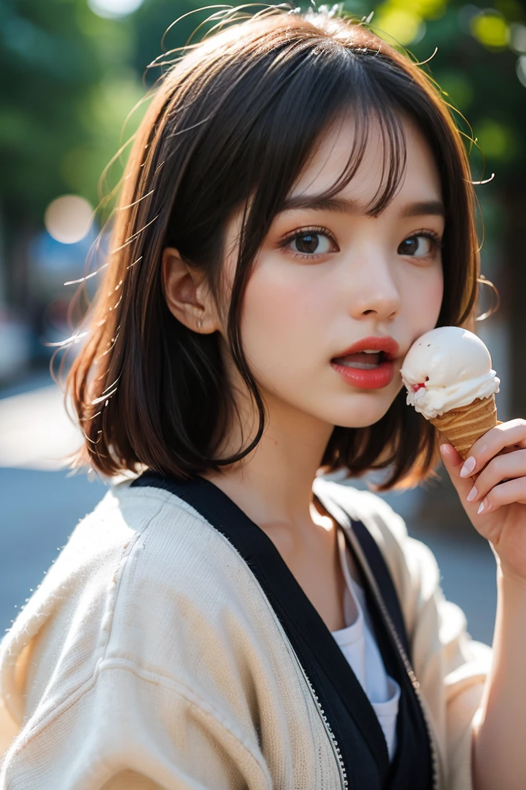 Best Quality、8k、masterpiece、    ultra high resolution 、RAW Photos   、 Clear Photos   、 Realistic Photos   、Realistic   、  ( Very Cute Girl  、beautiful girl、 Cute Yuki Yoda 、The cutest in the world)、   short bob hair、Brown Hair、  Sexy Faces、(  open your mouth 、 Licking Soft Ice Cream:1.2、 stick out your tongue )、(slouch、 abstract Halloween background with visible cleavage )