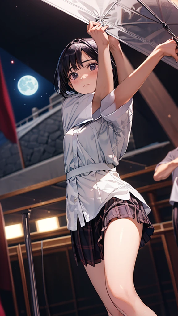 masterpiece, 最 High Quality ,  High Quality ,  very detailed  8k CG unit wallpaper,  depth of field,  high definition ,  Photorealistic,  very detailed ,  complicated,  high detail, The sun reflecting the moon、White short sleeve shirt、Lift the skirt with both hands and show off the white panties