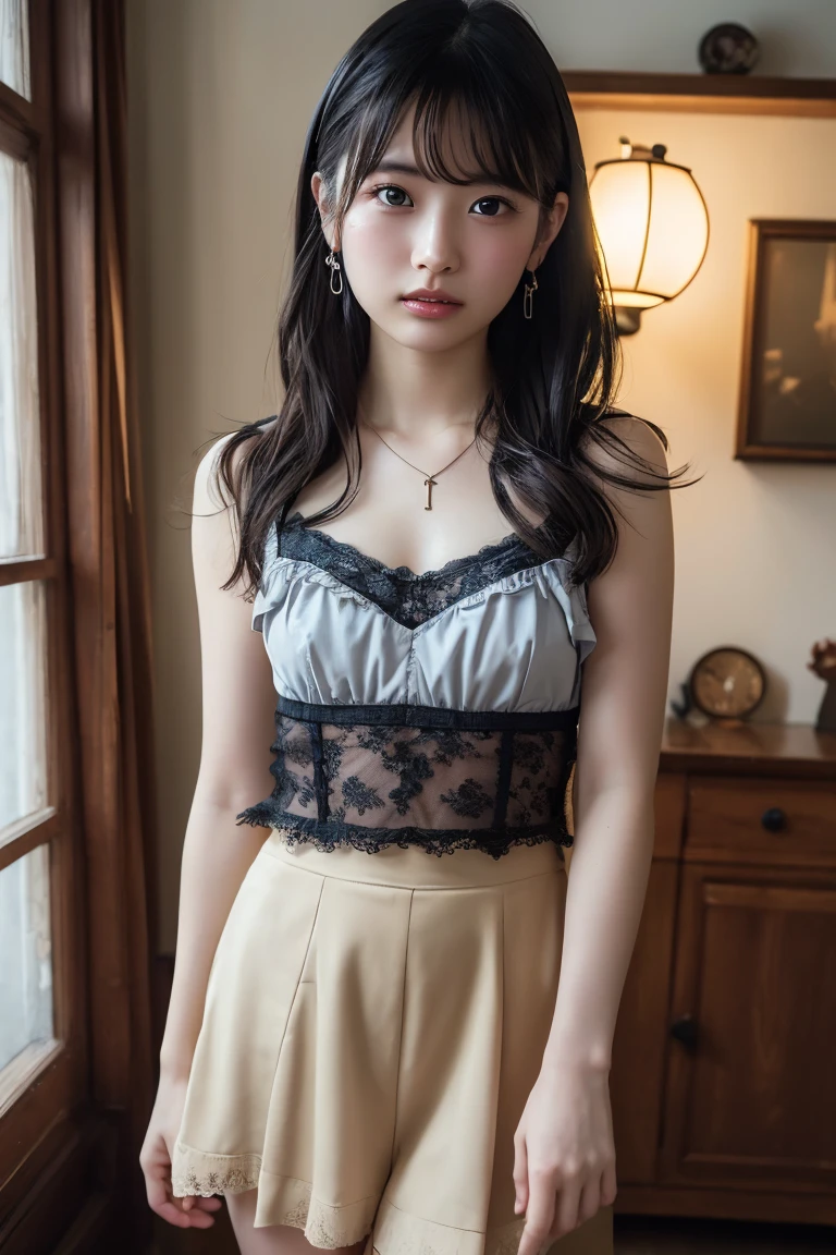 ((((flat chest)))),((1 girl)),((solo)),((highest quality)), (masterpiece),((High resolution)),beautiful girl,model,Japanese,(no makeup),medium bob,brown hair,perfect body,luxury european palace,small nipples,lace dress