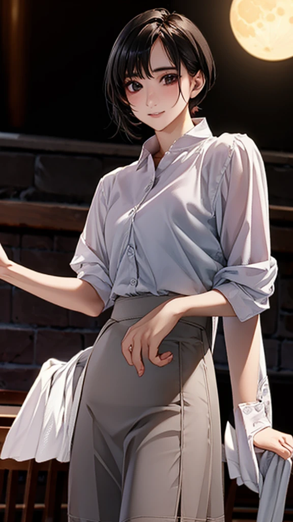 masterpiece, 最 High Quality ,  High Quality ,  very detailed  8k CG unit wallpaper,  depth of field,  high definition ,  Photorealistic,  very detailed ,  complicated,  high detail, The sun reflecting the moon、White short sleeve shirt、Lift the skirt with both hands and show off the white panties