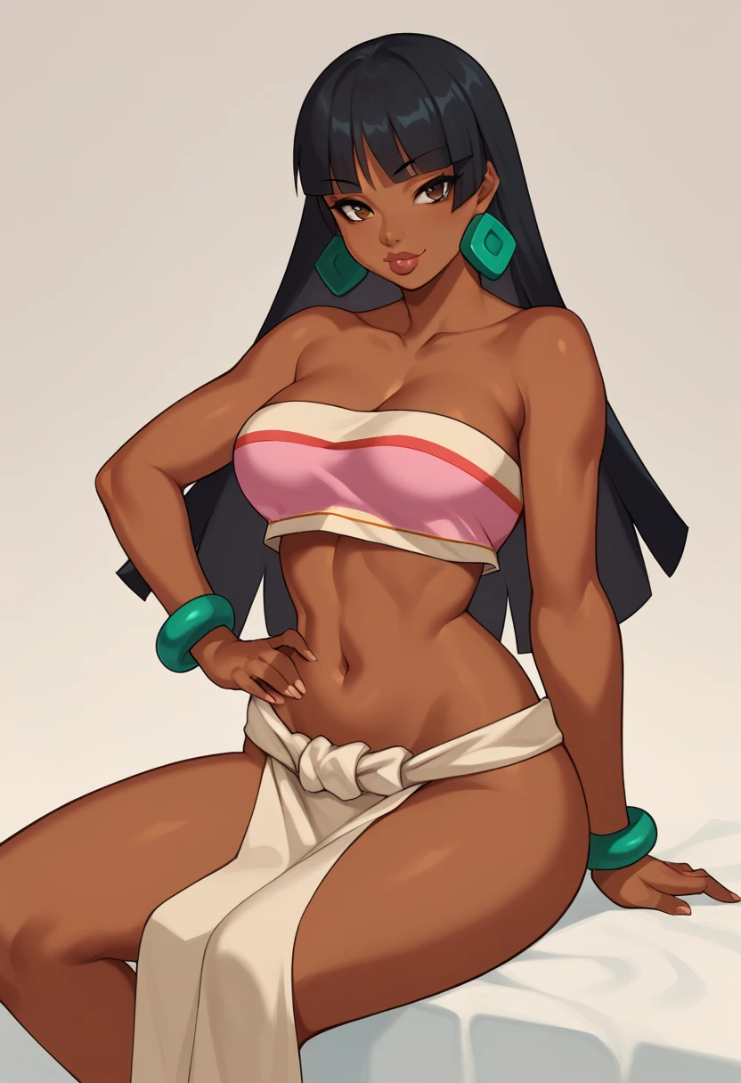 score_9, score_8_up, score_7_up, source_anime BREAK 1girl, solo,  cheldorado, 1girl, solo, long hair, breasts, bangs, black hair, navel, bare shoulders, jewelry, earrings, midriff, dark skin, blunt bangs, bracelet, dark-skinned female, lips, crop top, hand on hip, strapless, makeup, pelvic curtain, tube top, loincloth, sitting,