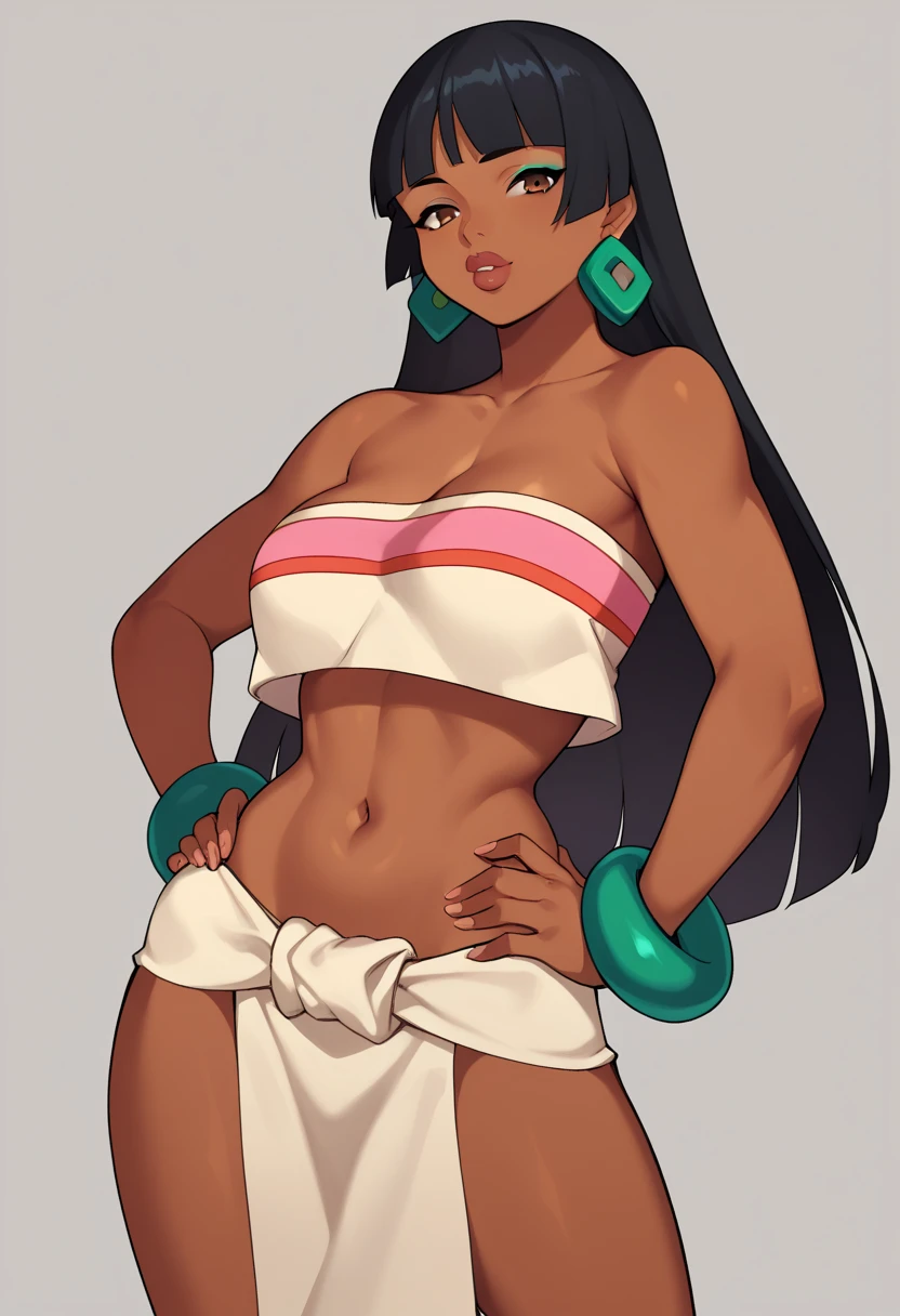 score_9, score_8_up, score_7_up, source_anime BREAK 1girl, solo,  cheldorado, 1girl, solo, long hair, breasts, bangs, black hair, navel, bare shoulders, jewelry, earrings, midriff, dark skin, blunt bangs, bracelet, dark-skinned female, lips, crop top, hand on hip, strapless, makeup, pelvic curtain, tube top, loincloth cowboy shot,