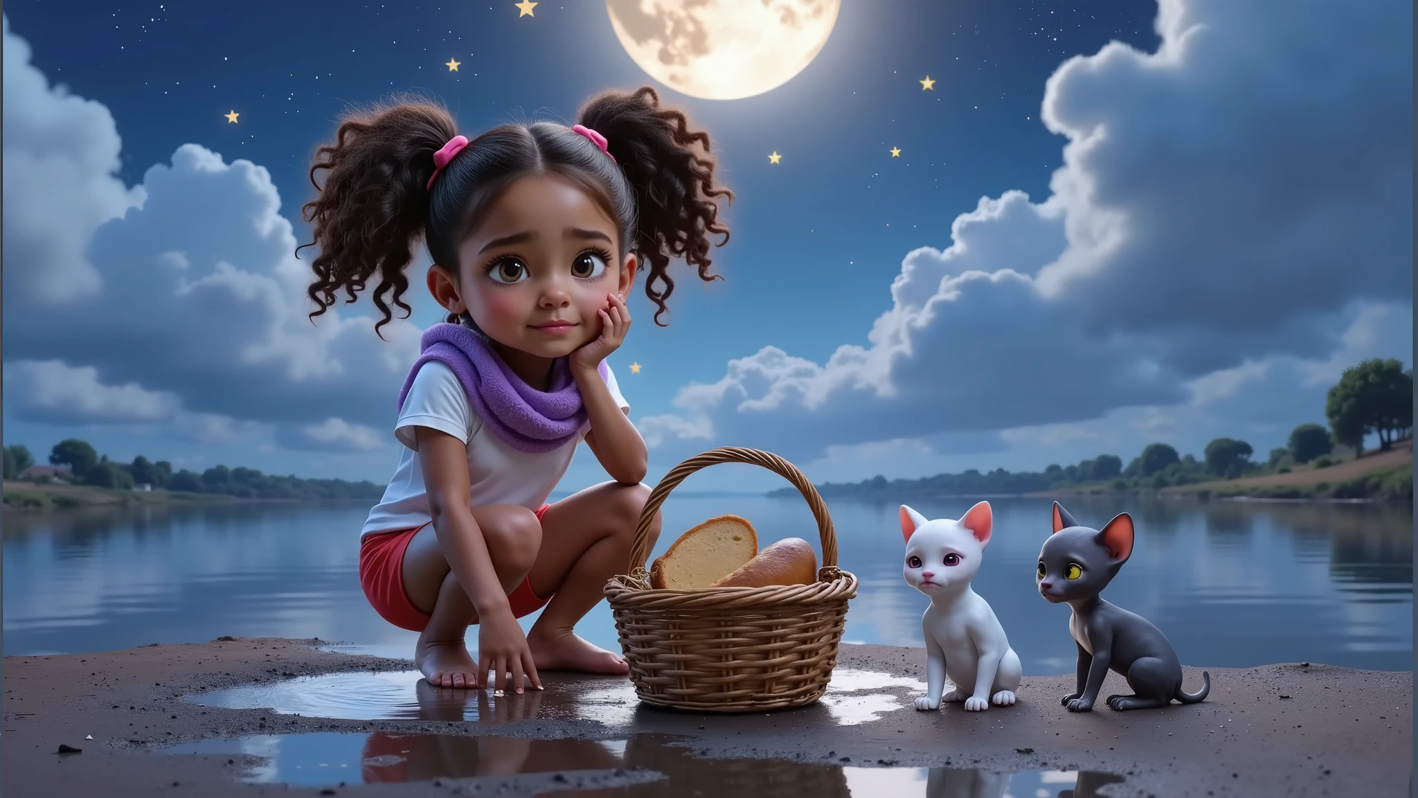 Inspired by the movie posters, high-quality, high-resolution Disney Pixar 3D characters create the image of a , , AGE: 9, , , girl, light brown, with curly hair, of African descent, tied in two ponytails with a red ribbon, wearing a lilac scarf around her neck to protect herself from the cold, white t-shirt without prints, very short red shorts, barefoot, she places a basket with only one bread on the floor and looks at the basket with a sad face, with one hand supporting her tired face, next to her two friends also sitting and looking at the girl, as if they wanted to comfort her, the friends are: a black and white French bulldog puppy (predominantly black body), a purple kitten, hairless and with yellow eyes of the sphinx breed, they are on the bank of a river all wet, near the basket there is a pair of white socks and a pair of the girl's white sneakers, wet, on a night where a star shines and the moon appears between the clouds.