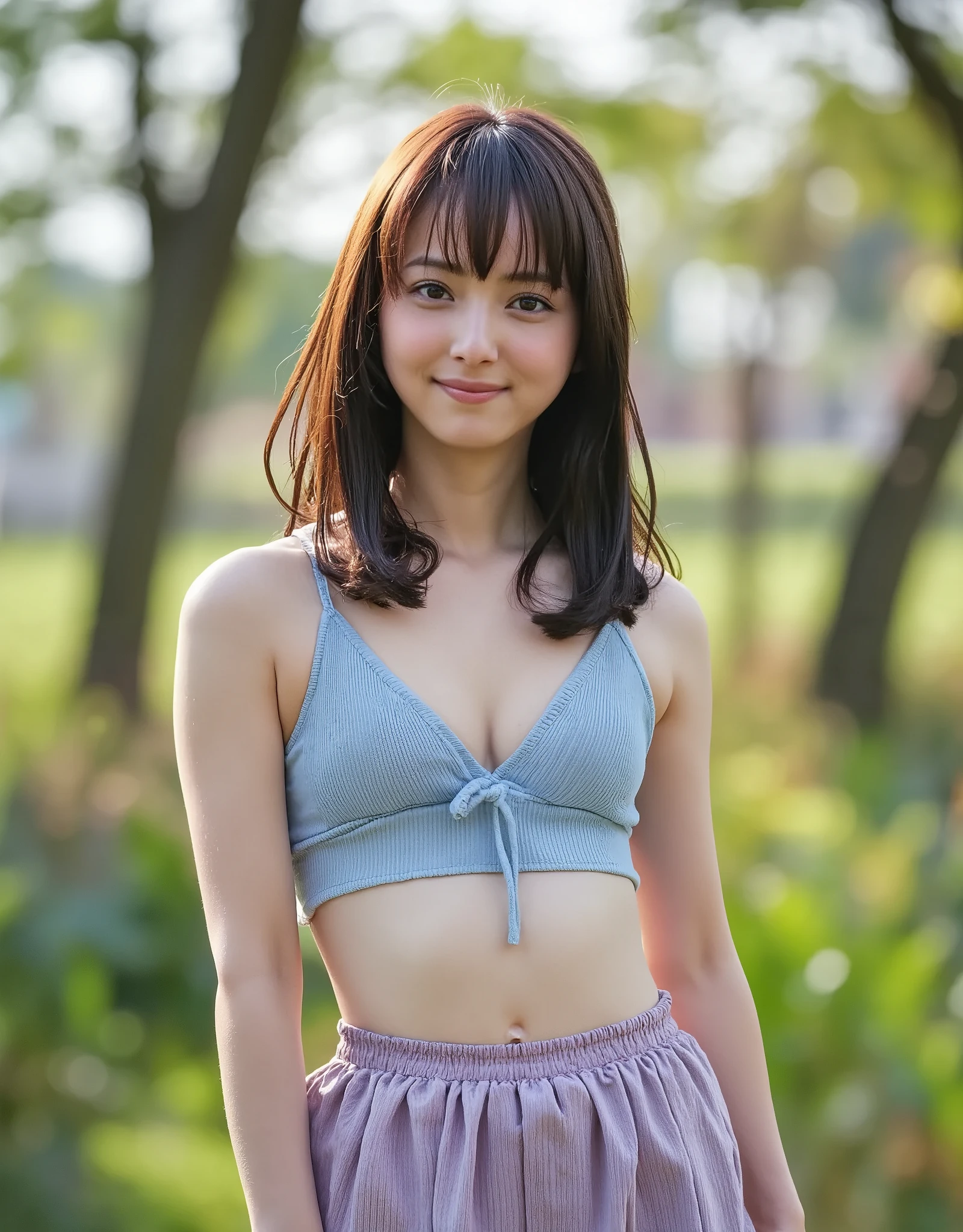 NSFW, (Highest quality), (Ultra-precise CG 16K wallpaper), (Realistic: 1.6), (High saturation), (Sharp), Beautiful detailed shading, Beautiful natural lighting, Beautiful detailed glow, Perfect anatomy, Composition in which the person fills the screen, Bright sunlight in the daytime, Natural light, Depth of field, (Mature 24 year old woman, One person: 1.6), (Very beautiful Japanese face), (Sasaki Nozomi), (Straight medium hair, bangs: 1.6), (Shiny black hair), (Sparkling eyes), (C cup size breasts, cleavage, slim thighs: 1.6), (Beautiful breasts), (Beautiful legs), (Beautiful skin), Beautiful proportions, (Faint smile: 1.2), (Looking at me: 1.6), (Pale blue ribbed knit tank top, pale purple dolphin shorts: 1.6), (Fashion model pose: 1.6), (In the forest), (Full screen image:1.8), (upper body shot:1.6), (frontal view:1.6), (woman standing in woods:1.6)