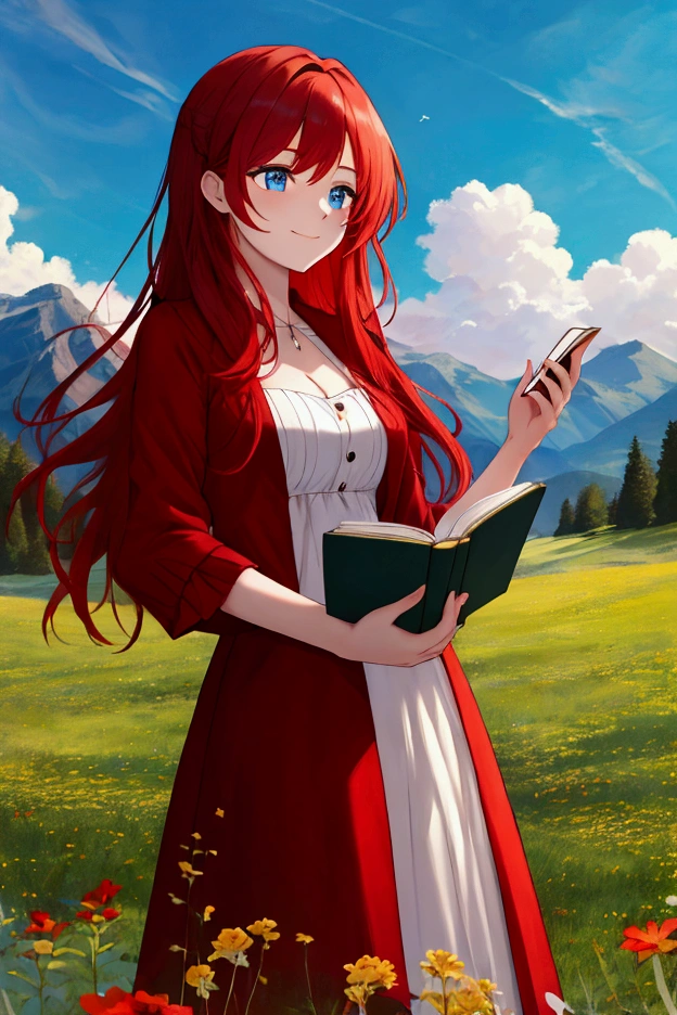 red-haired girl with long red hair ,  intense sky blue eyes and red and white dress, female,  reading a book , beautiful, in a meadow, high, happy, calm, Switzerland, adult, mayor