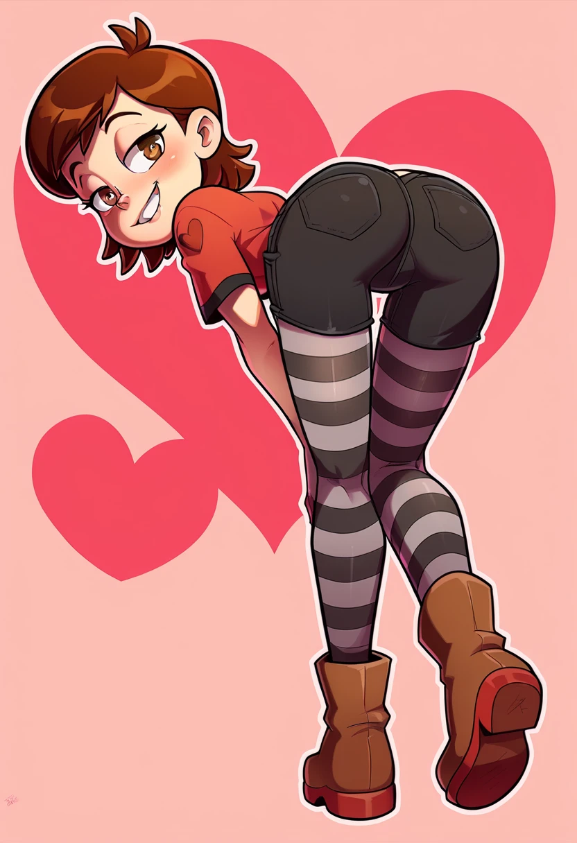 1girl, full body, solo, penny, brown hair, short hair, brown eyes, alone, red T-shirt over a brown long-sleeved shirt, denim black shorts, black and white striped tights, alongside brown socks with a red line and brown boots, salient smile, Butt Clench, perfect body, sexy, sexy legs, looking at viwer, crass girl, bad girl, naughty face, hearts, heart Background, back view, ass close-up, bent over, looking back