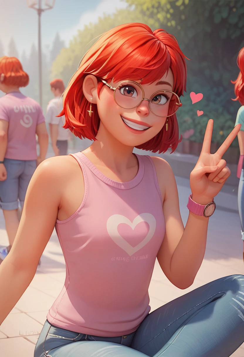  may be ,  red hair , eyes browns,  lean your head , Tiro de Cowboy, thin glasses, cerúleo, ((pink polo shirt), bare shoulders, 1 , Alone, ((cerulean jeans)), heart sign, Observing the spectator, all-body, pose, cerulean sneakers,  best quality , No flaws