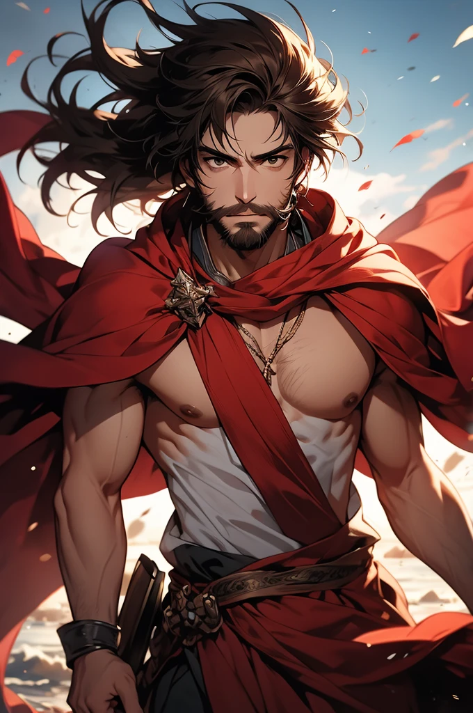 [4k, ultra detailed image, character in 32k, beautiful features] white man, long brown hair, short stubble beard, deep brown eyes, simple swordsman outfit, [hair being blown in the wind], gentle smile on his face, red cape being blown in the wind, landscape background, [image focusing on the character's face, character looking fixedly at the viewer, image focusing on the character's face with a blurred effect in the background]